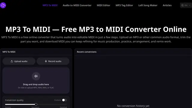 Free MP3 to MIDI Converter website preview